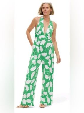 NWT Diane Von Furstenberg Green and White Halter-Style Wide-Leg Jumpsuit, size L